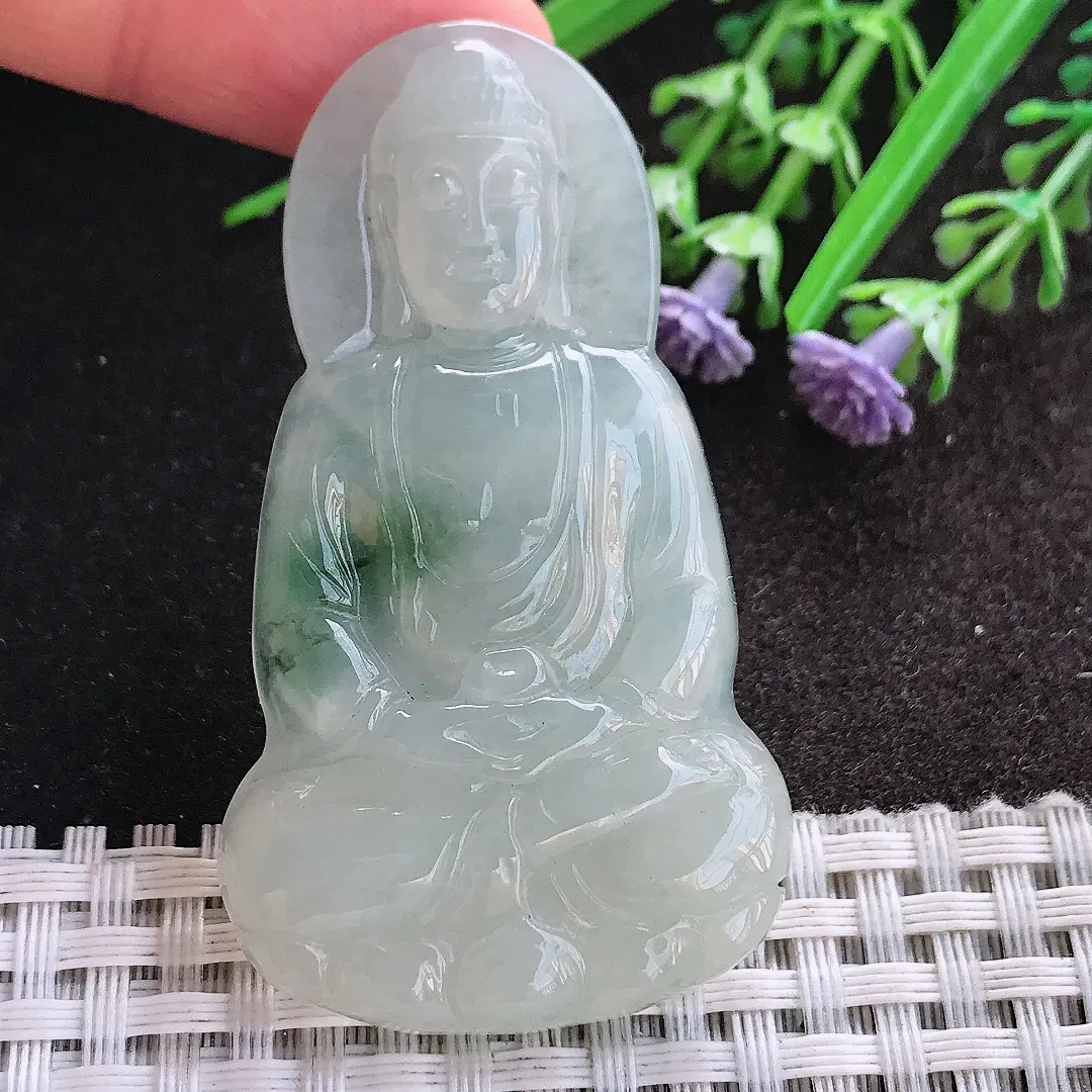 天然A货翡翠58.7/33.3/6老坑秀气冰润飘花大日如来佛吊坠翡翠挂件