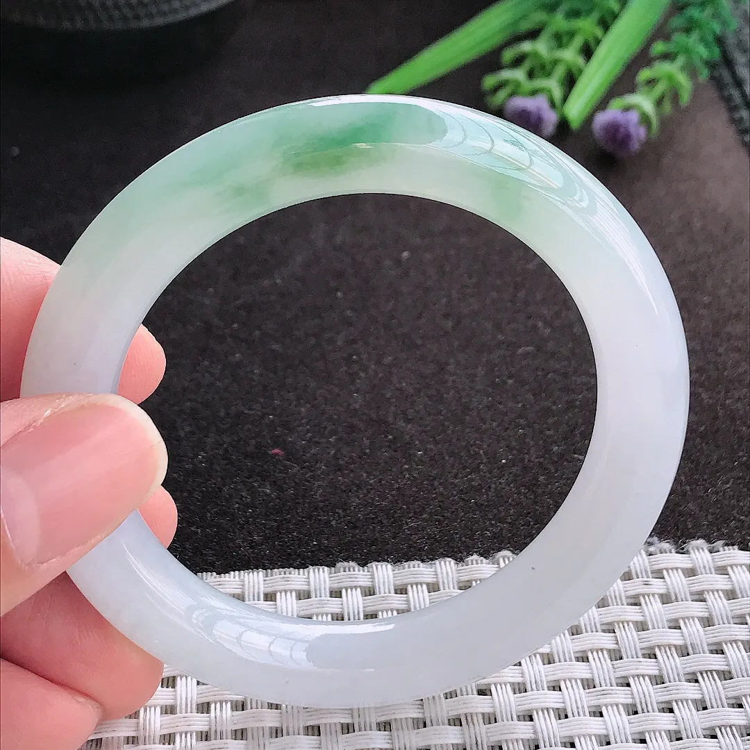 天然A货翡翠53/9.7/9.9老坑冰胶果冻飘花圆条手镯翡翠玉镯手环