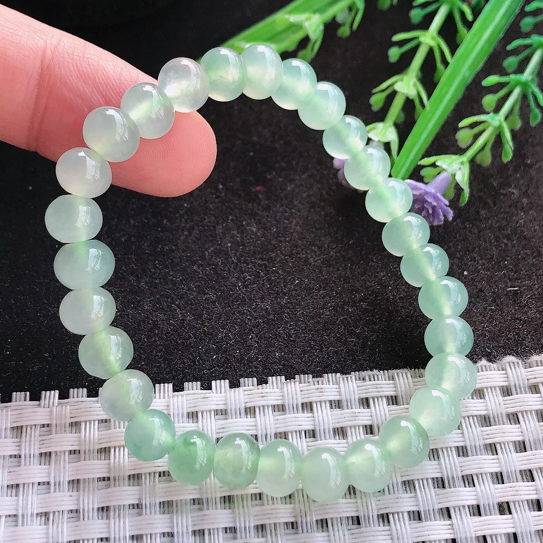 天然A货翡翠7.3/29颗老坑冰种冰透冰晴绿玉珠手串手链女款