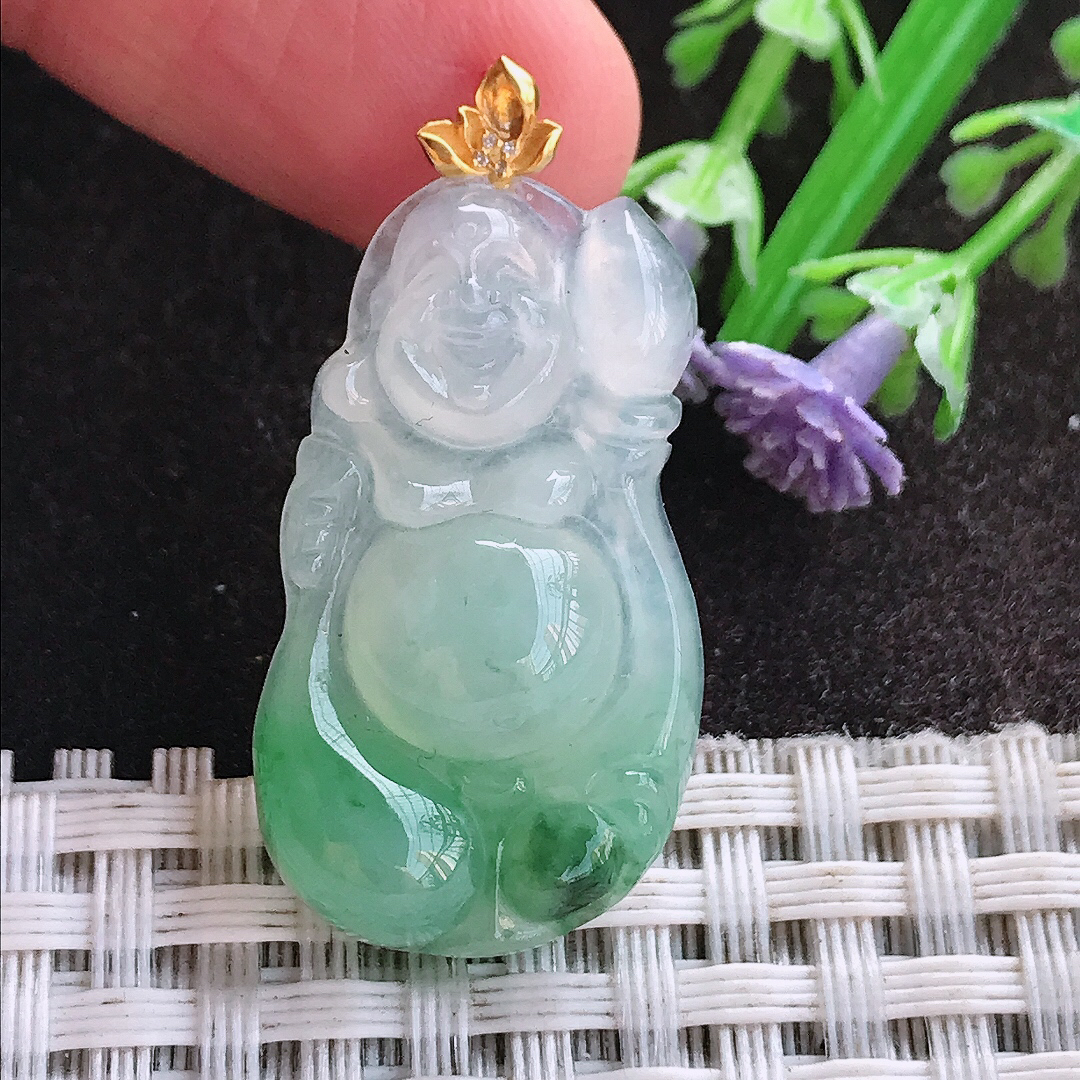 天然A货翡翠31.2/17.8/5.8老坑18k金镶嵌冰阳绿佛公吊坠翡翠布袋佛挂件