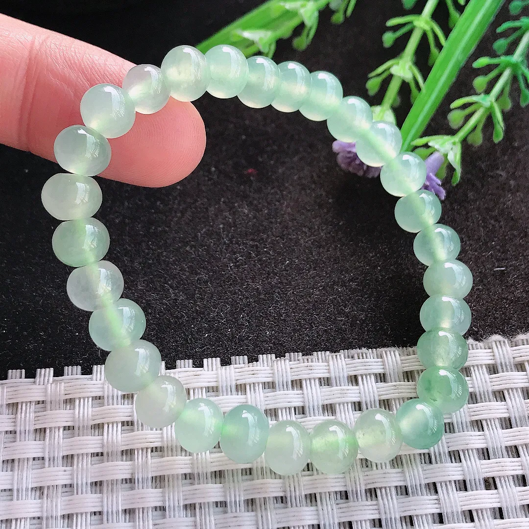 天然A货翡翠7.3/29颗老坑冰种冰透冰晴绿玉珠手串手链女款