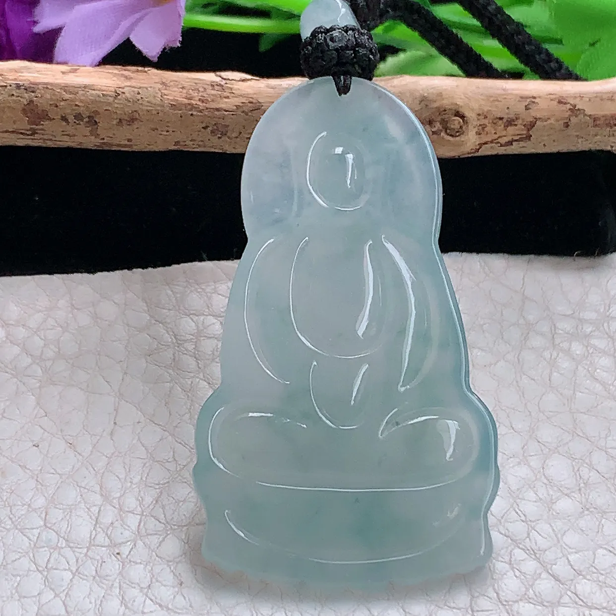 yl实拍54.8*30.8*5.8缅甸天然翡翠精雕冰紫底正庄观音玉吊坠 持瓶观音玉挂件