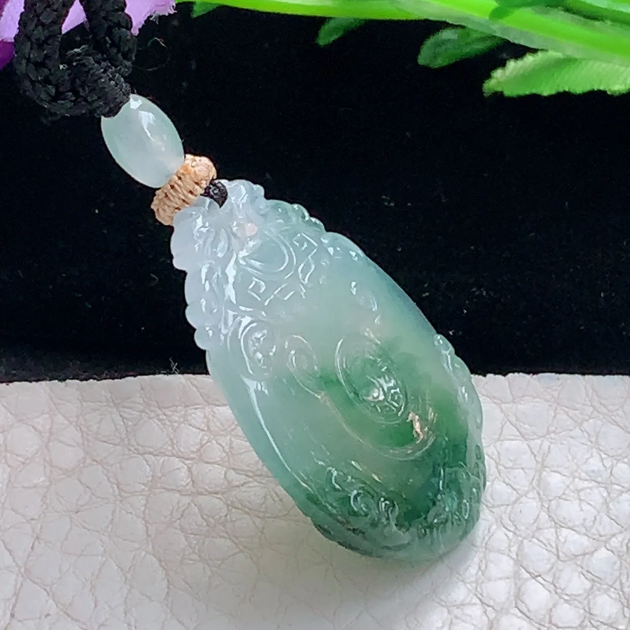 yl实拍31.8*27*5缅甸天然翡翠精雕冰飘花有求必应 玉扣玉吊坠 玉挂件