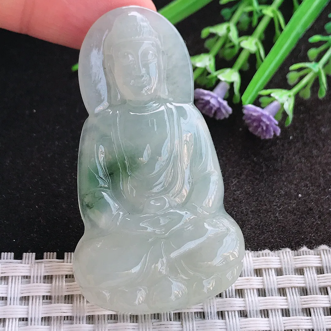 天然A货翡翠58.7/33.3/6老坑秀气冰润飘花大日如来佛吊坠翡翠挂件