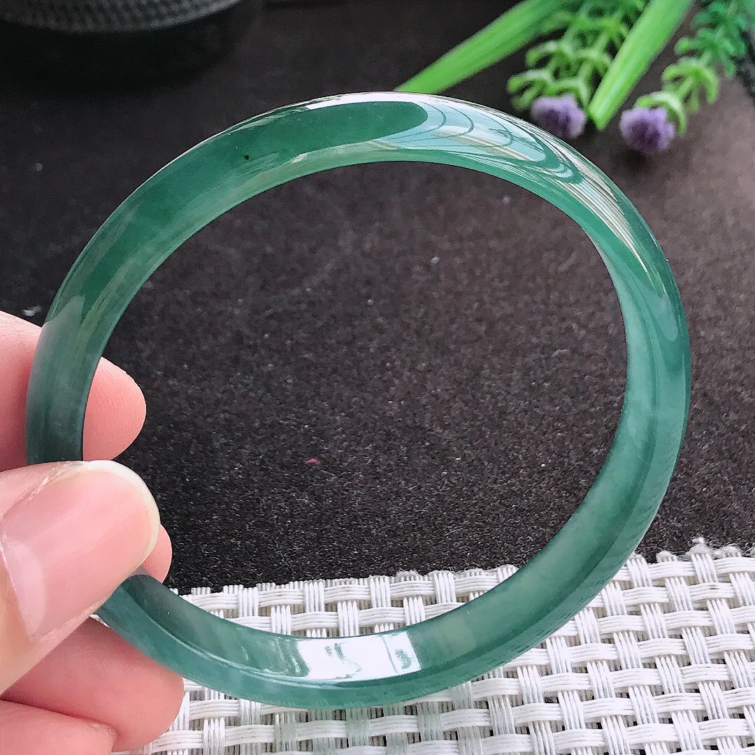 天然A货翡翠61/10/5.8老坑冰纯起胶满色蓝韵手镯宽边玉镯手环