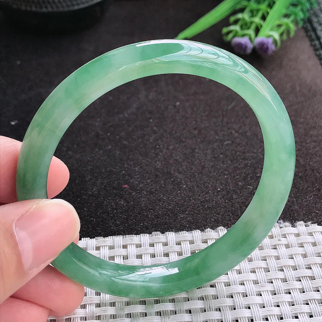 天然A货翡翠59/9.3/7.8老坑冰胶水灵冰晴满绿手镯宽边玉镯手环