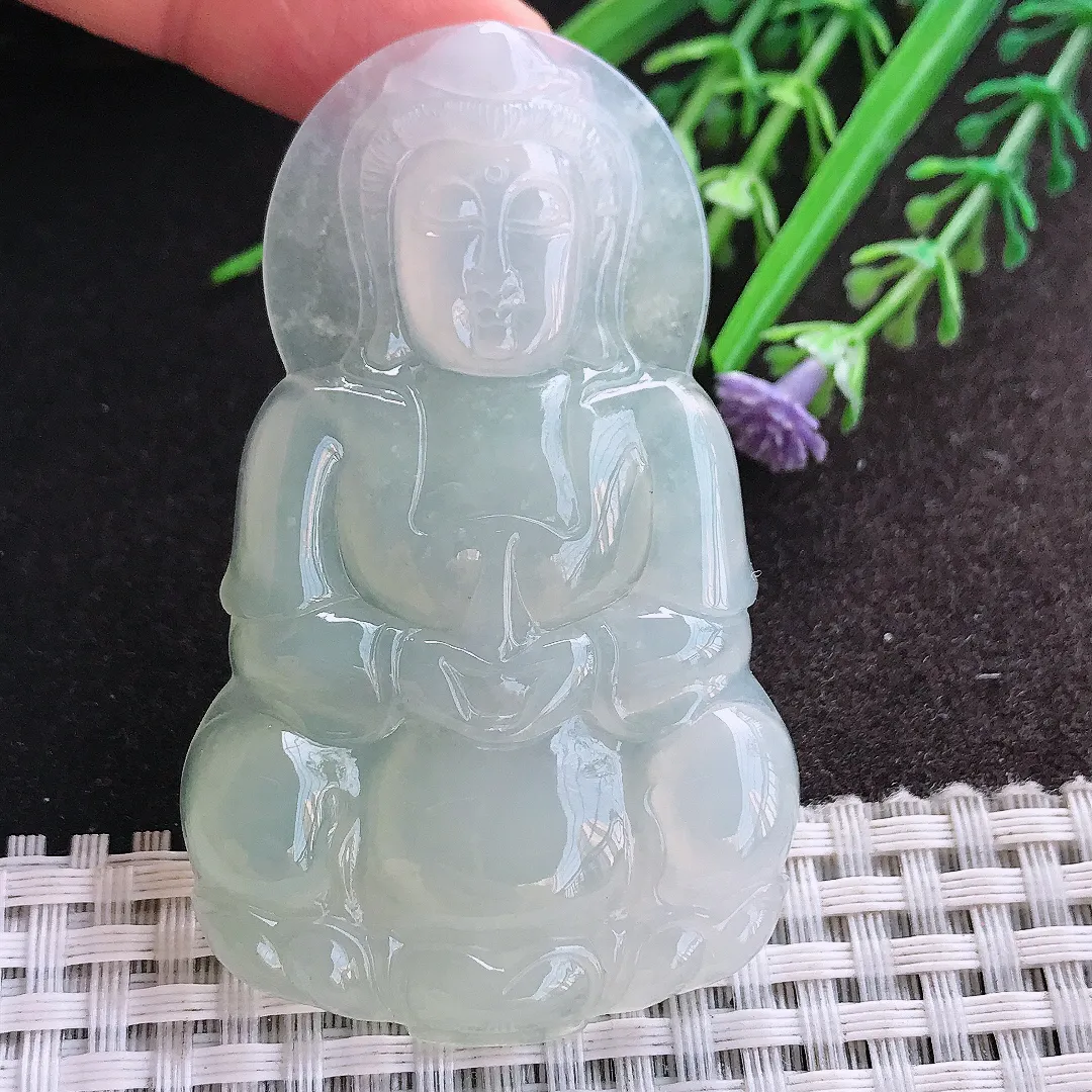 天然A货翡翠65/39.5/6.3老坑冰胶果冻冰晴正装观音吊坠翡翠挂件