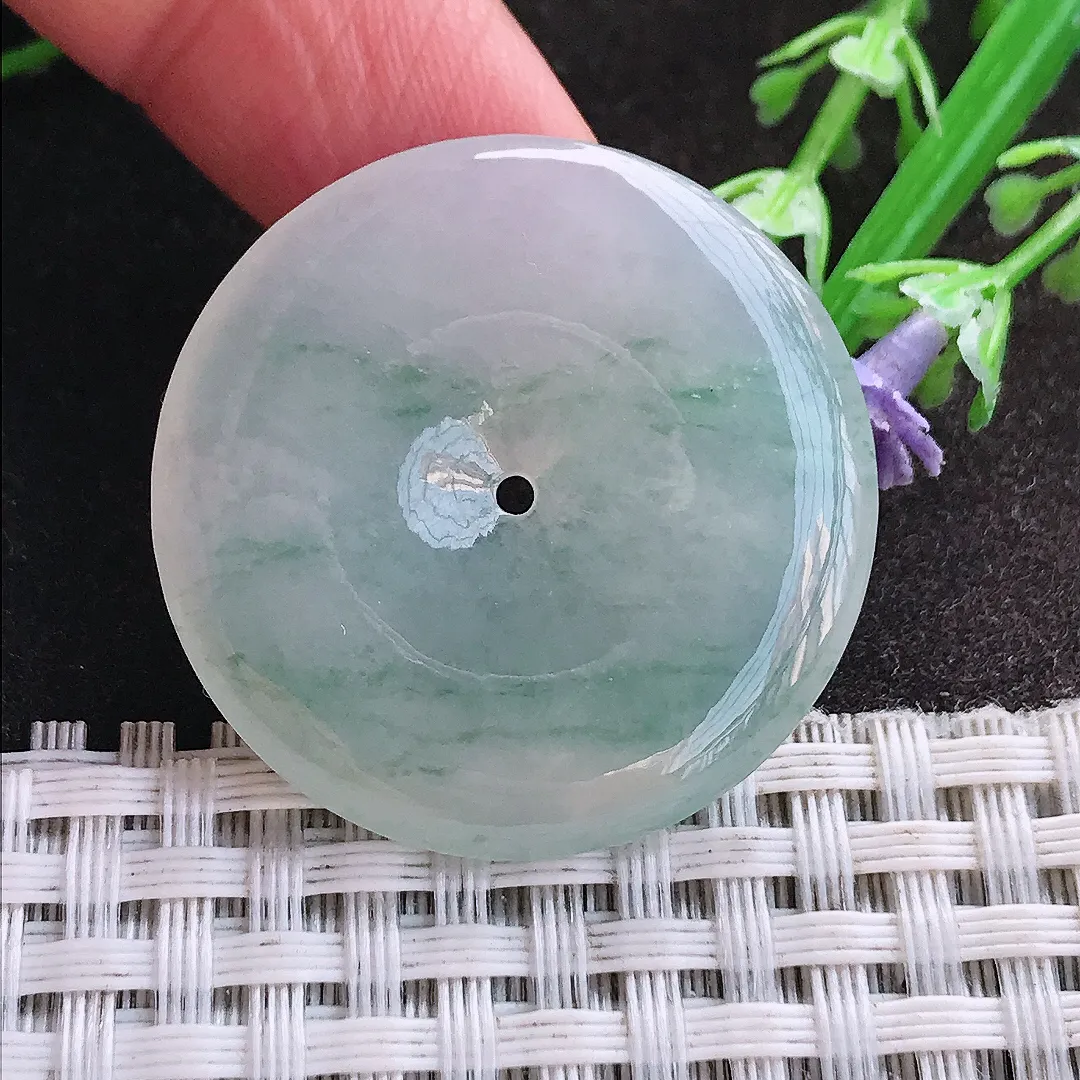 天然A货翡翠32.9/5.2老坑冰胶水灵飘花平安扣吊坠翡翠玉扣挂件