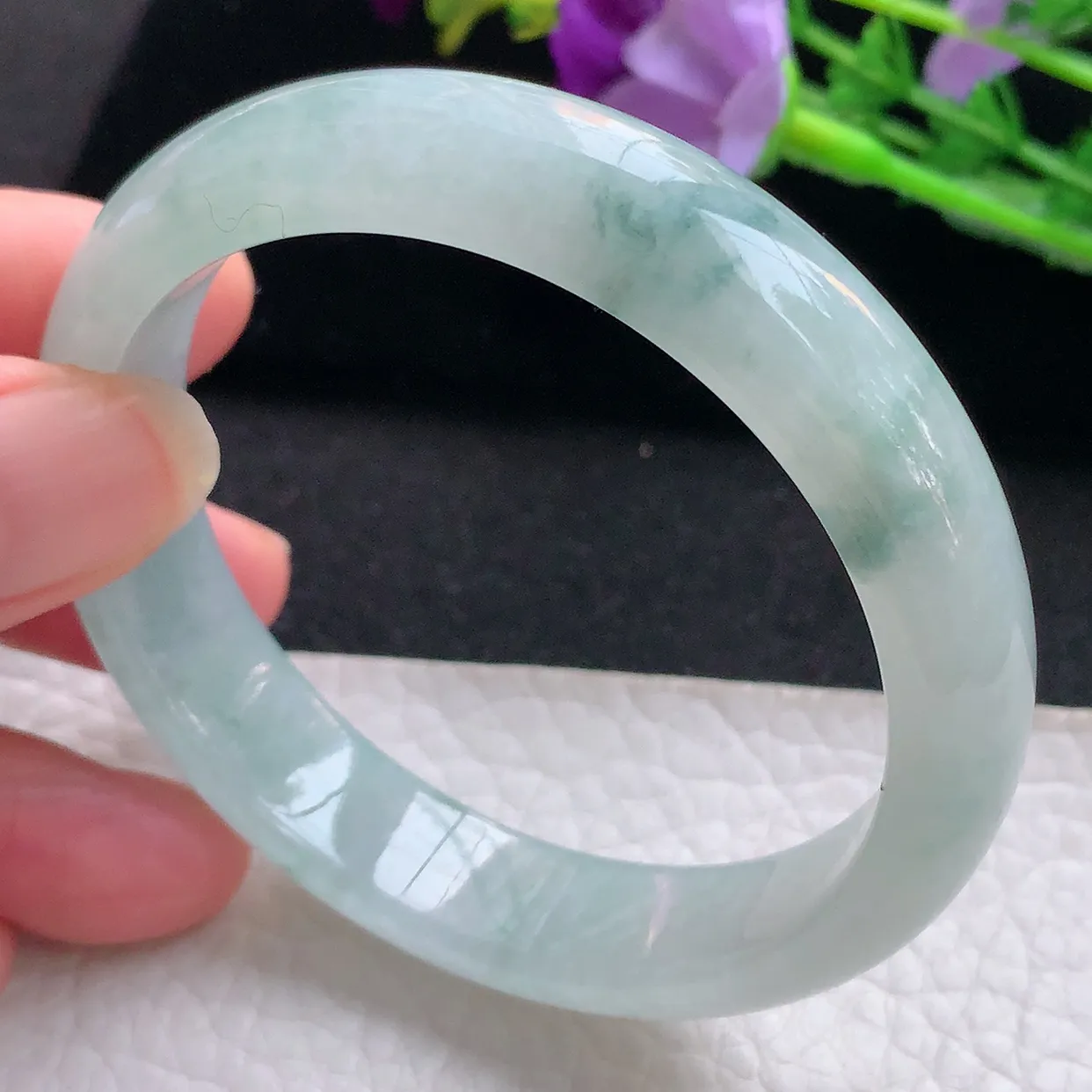 xx自然光55*12.6*7.2平安镯 缅甸翡翠A货玉手镯冰飘花宽边玉手环