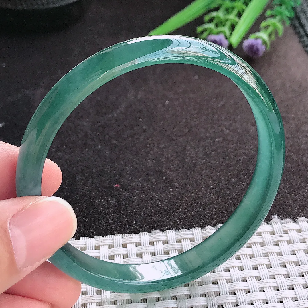 天然A货翡翠61/10/5.8老坑冰纯起胶满色蓝韵手镯宽边玉镯手环