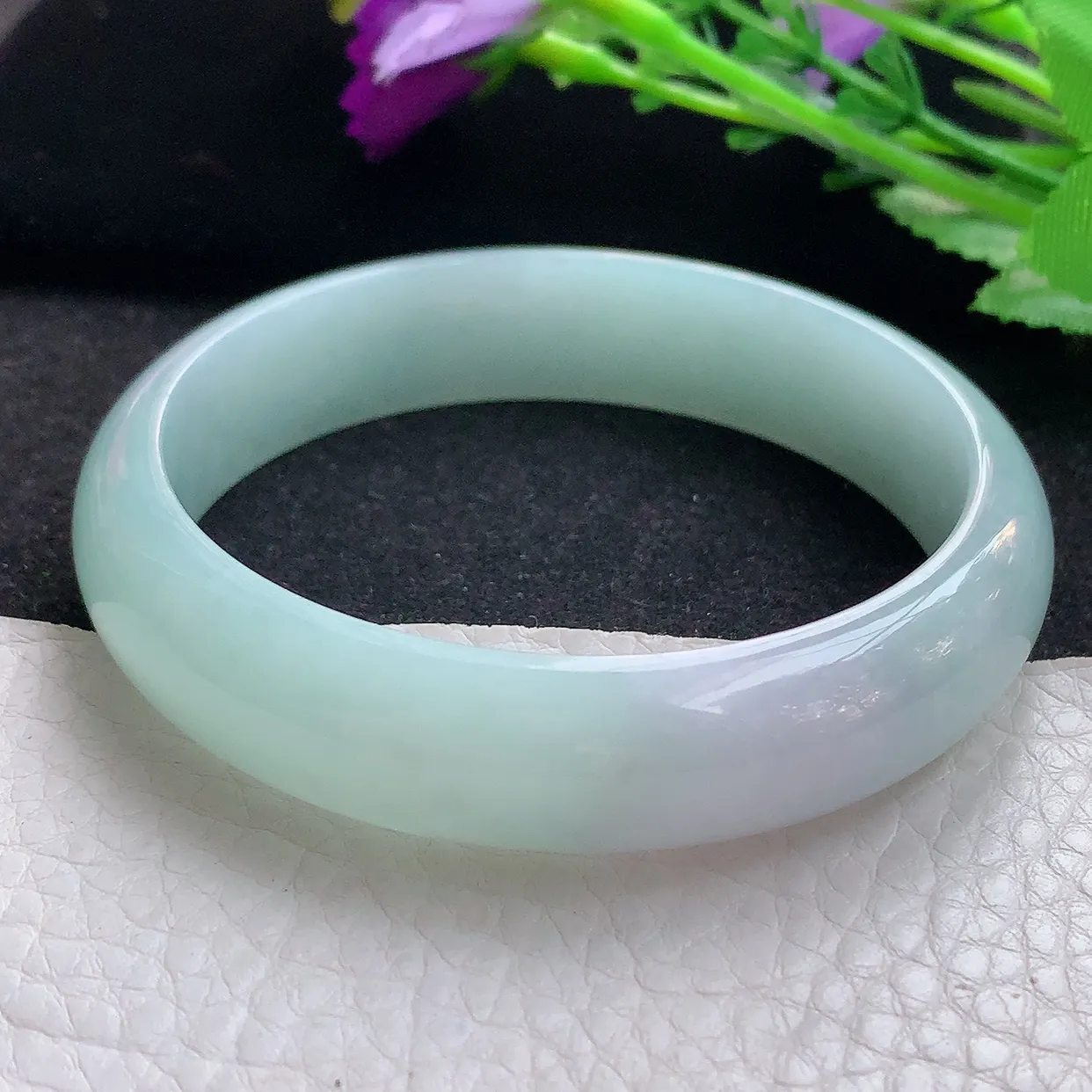 nr自然光59*14.2*7平安镯 缅甸翡翠A货玉手镯晴底飘紫宽边玉手环