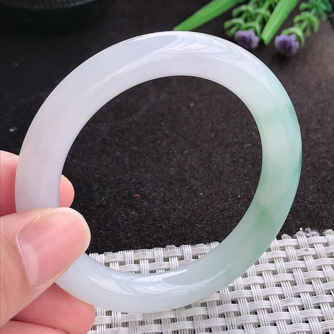 天然A货翡翠53/9.7/9.9老坑冰胶果冻飘花圆条手镯翡翠玉镯手环