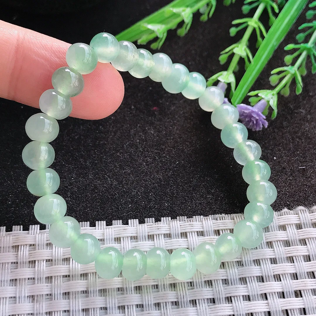天然A货翡翠7.3/29颗老坑冰种冰透冰晴绿玉珠手串手链女款