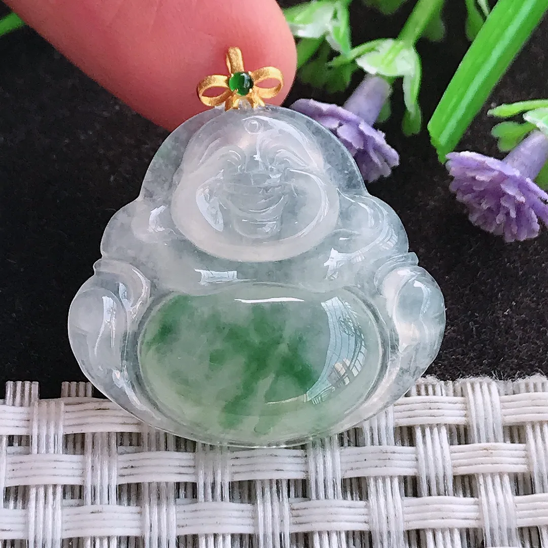 天然A货翡翠26/28.5/5.1老坑18k金镶嵌冰透起胶飘花佛公吊坠翡翠挂件