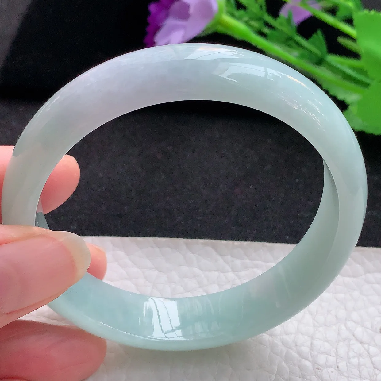 nr自然光59*14.2*7平安镯 缅甸翡翠A货玉手镯晴底飘紫宽边玉手环