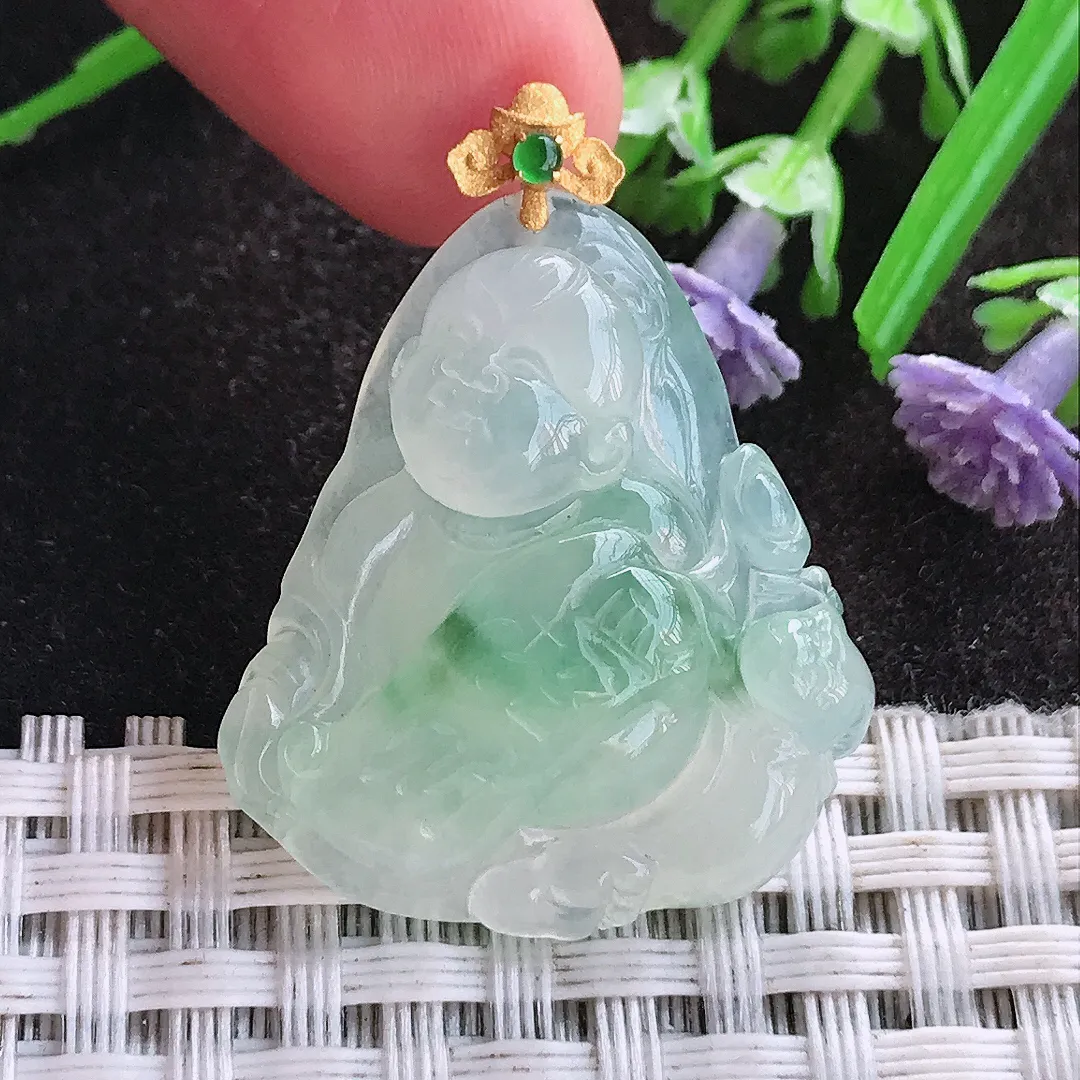 天然A货翡翠29.3/25.7/6.8老坑18k金镶嵌冰种果冻胶冰飘花招财童子吊坠翡翠挂件