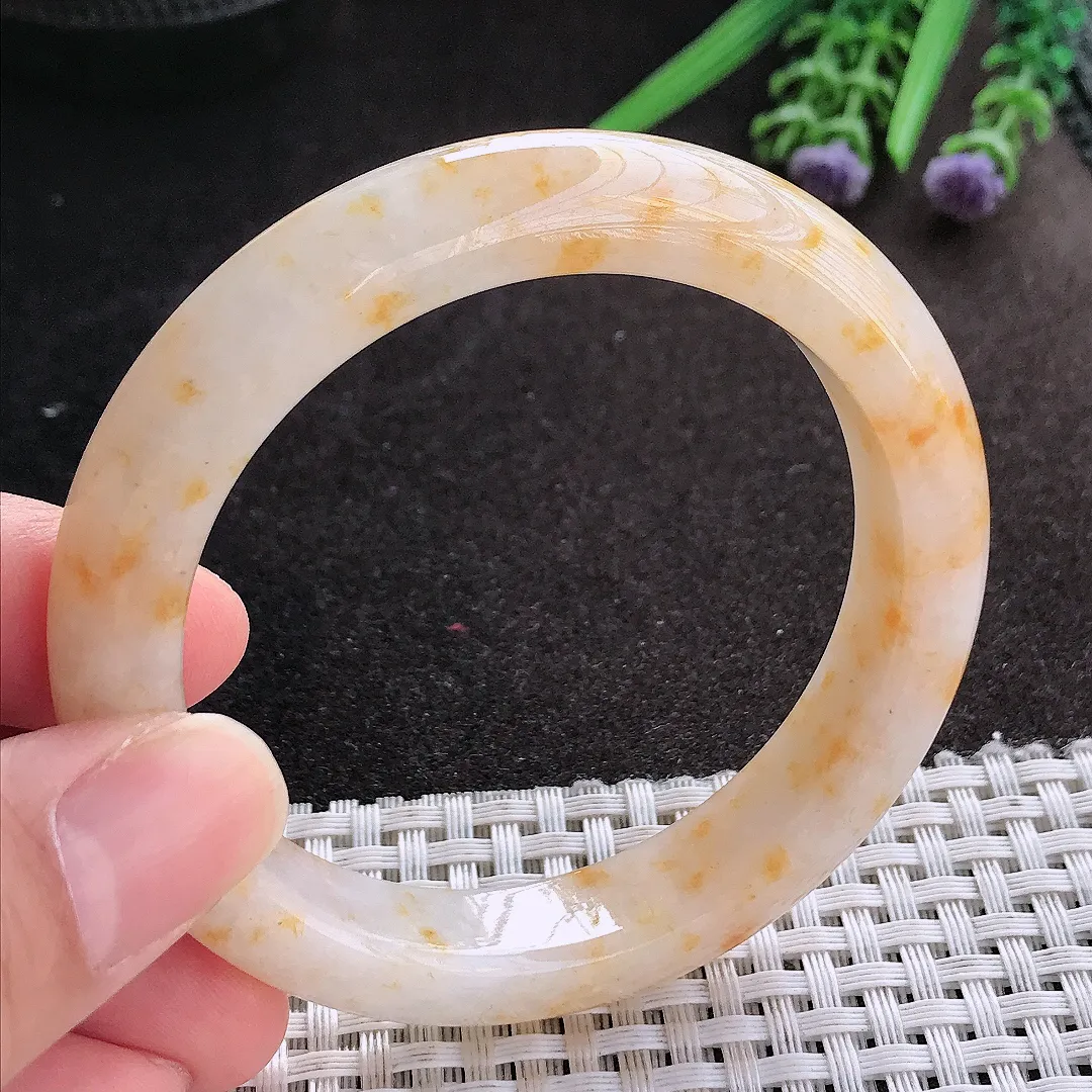 天然A货翡翠55/11.8/8.8老坑精美冰润特色洒金黄翡手镯宽边玉镯手环