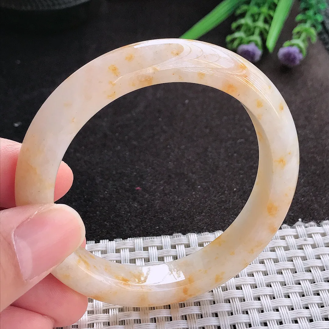 天然A货翡翠55/11.8/8.8老坑精美冰润特色洒金黄翡手镯宽边玉镯手环