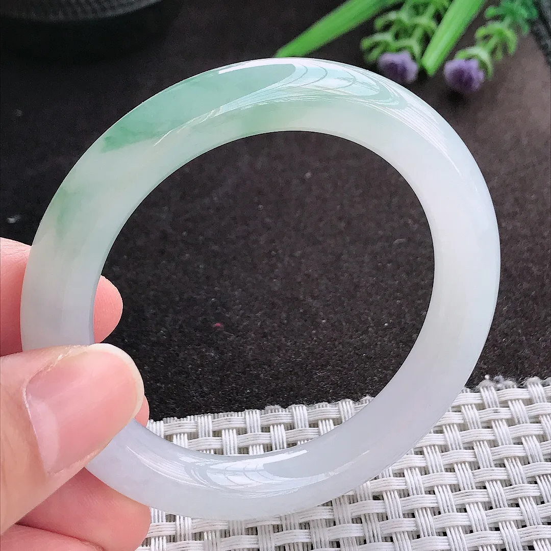 天然A货翡翠53/9.7/9.9老坑冰胶果冻飘花圆条手镯翡翠玉镯手环