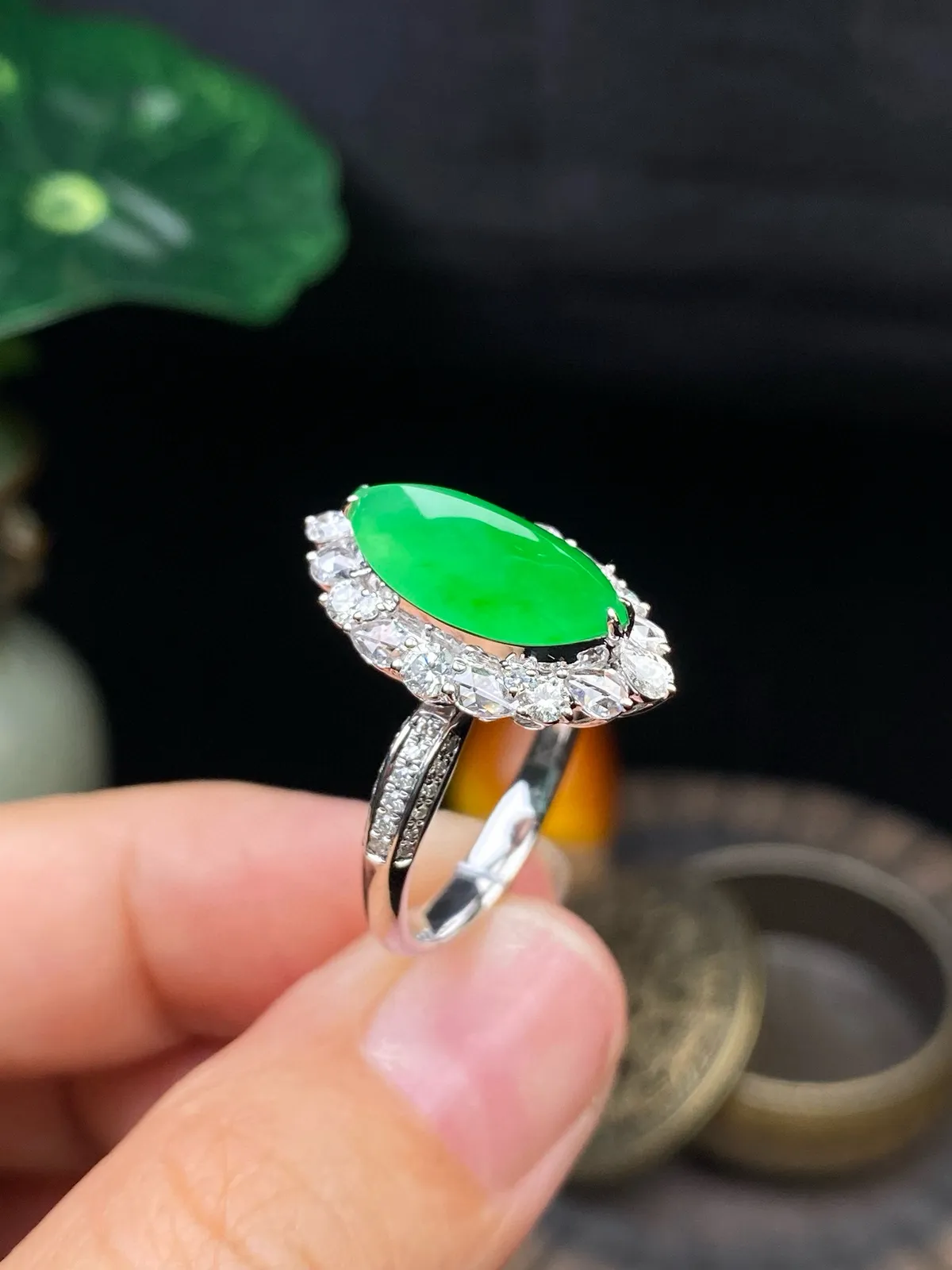 【冰种满绿马眼戒指】质地均匀细腻，冰润起光，胶感强烈，冰感明显。18K金钻精美镶嵌，裸石尺寸14.7*7.2*4.8毫米