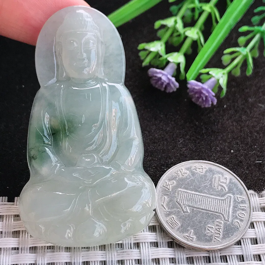 天然A货翡翠58.7/33.3/6老坑秀气冰润飘花大日如来佛吊坠翡翠挂件