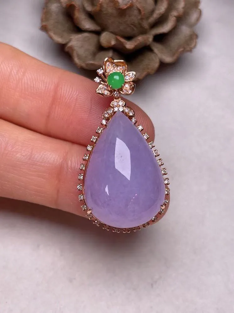冰糯种紫罗兰滴水吊坠、真金真钻镶嵌，种水好，玉质细腻 .裸石尺寸 23.0*15.8