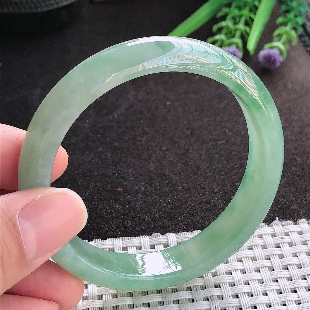 天然A货翡翠57/12.5/7.3老坑冰胶果冻冰晴满绿手镯宽边玉镯手环