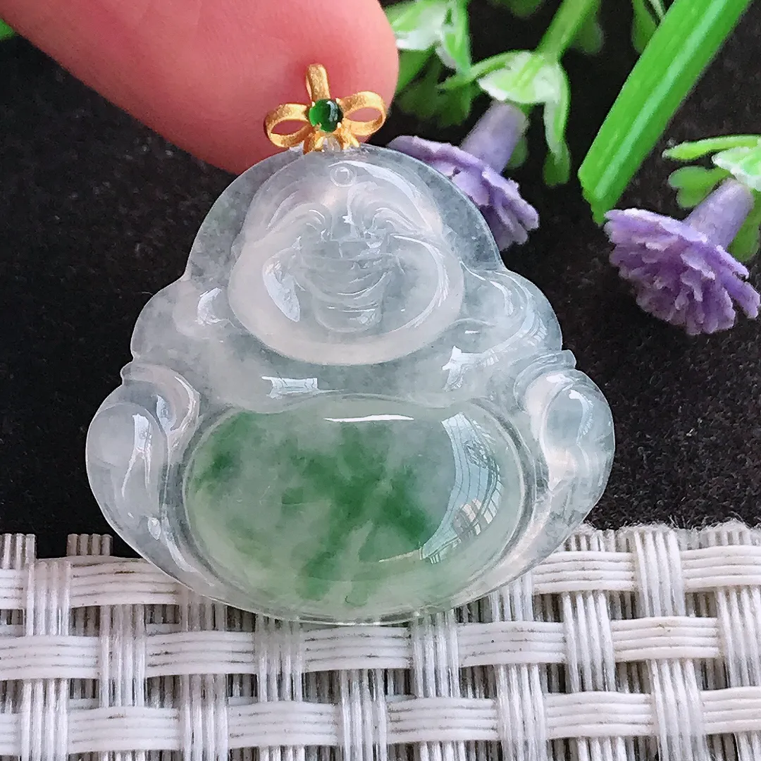 天然A货翡翠26/28.5/5.1老坑18k金镶嵌冰透起胶飘花佛公吊坠翡翠挂件