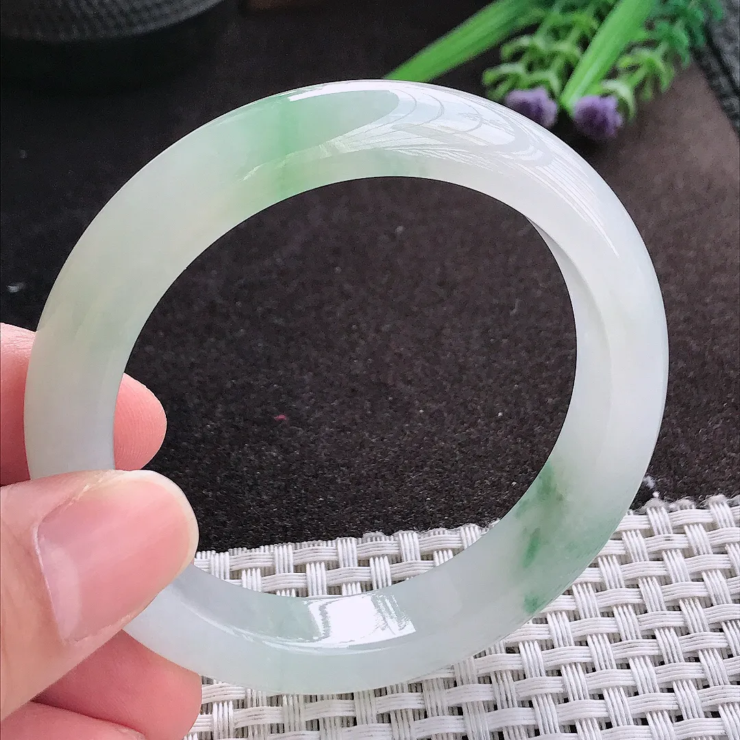天然A货翡翠54.8/12.1/8.7老坑冰纯果冻胶冰飘花手镯宽边玉镯手环