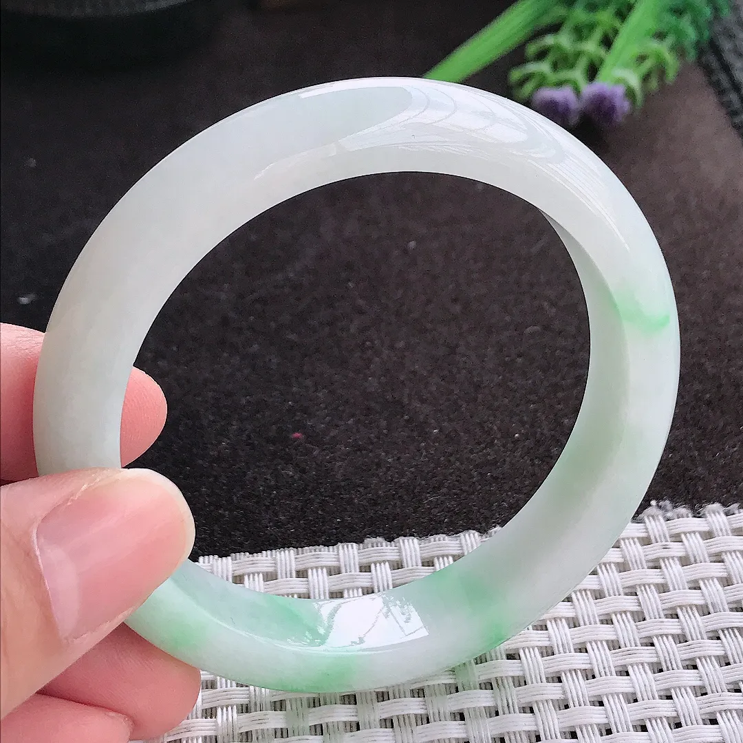 天然A货翡翠56.5/12.1/8.6老坑冰润水灵飘阳绿手镯宽边玉镯手环