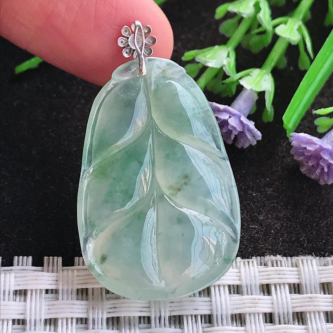 天然A货翡翠32/21.6/7老坑18k金镶嵌冰种飘花叶子吊坠翡翠挂件