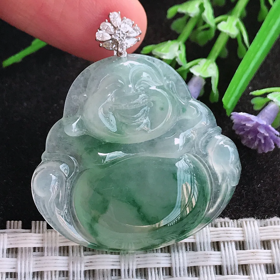 天然A货翡翠32/34.4/5.8老坑18k金镶嵌冰胶水灵冰飘花佛公吊坠翡翠玉佛挂件