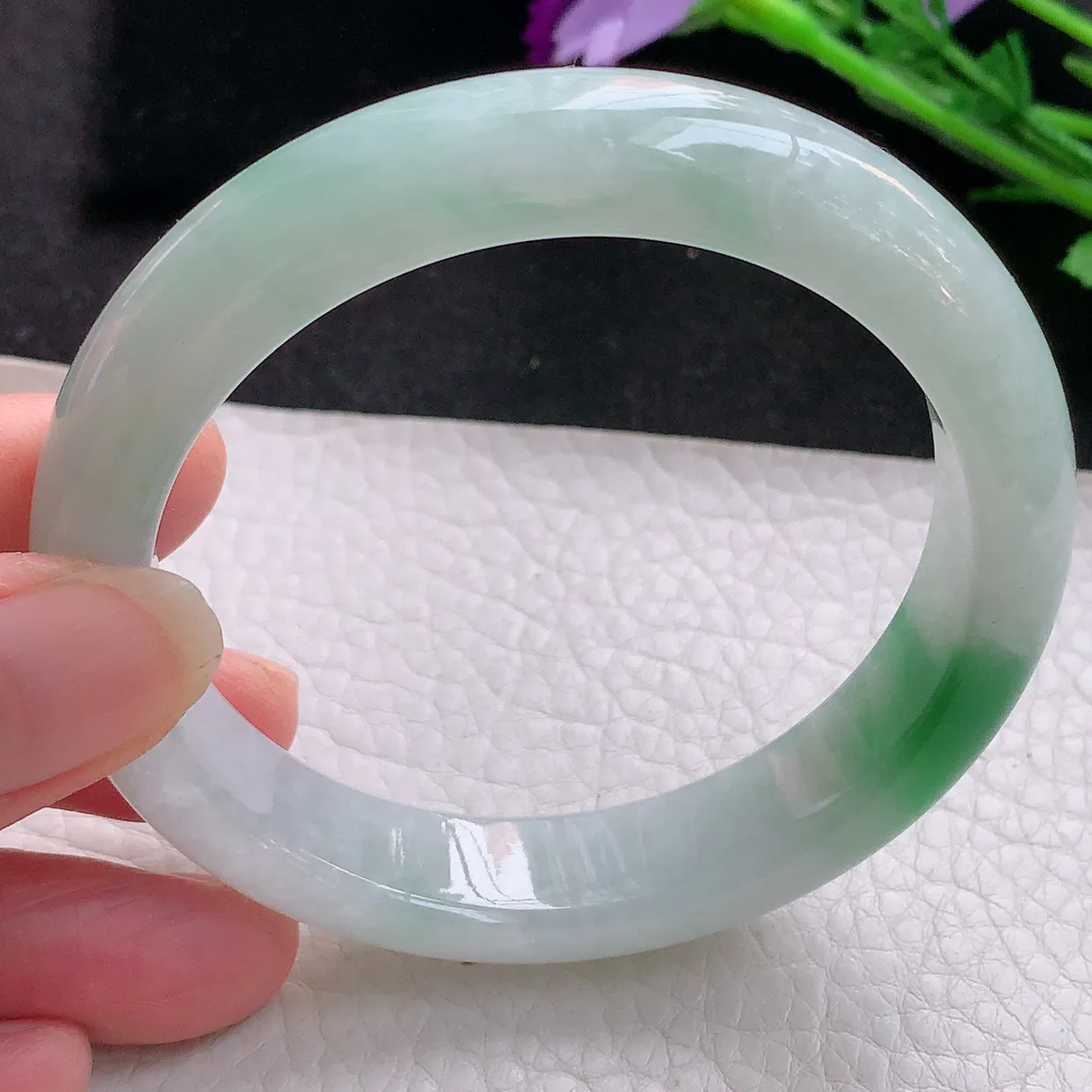 yh自然光58*13*8.5平安镯 翡翠玉手镯冰飘绿花宽边玉手环 美人镯