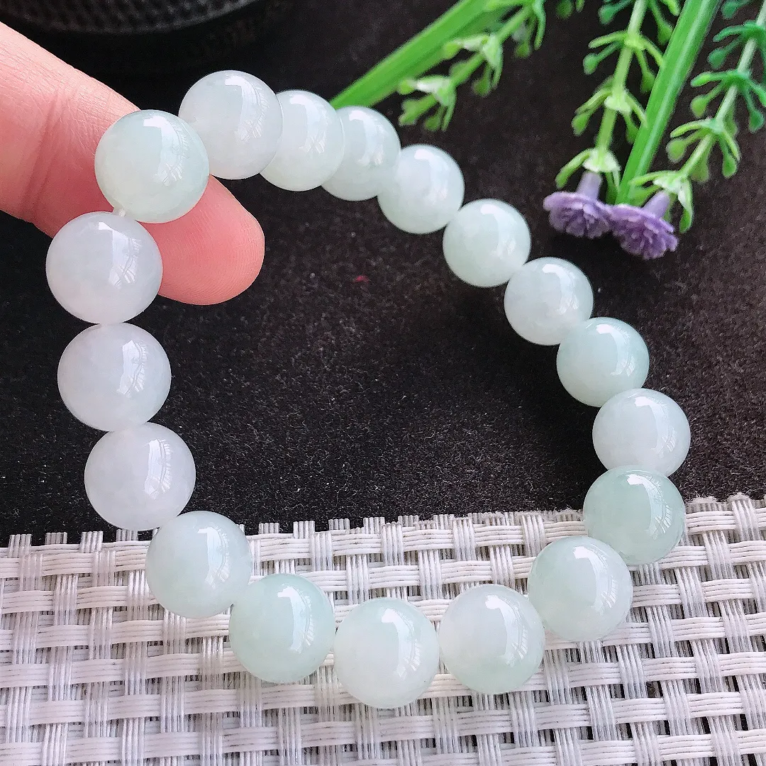 天然A货翡翠11/18颗老坑秀气冰润乳白色圆珠手链玉珠珠串