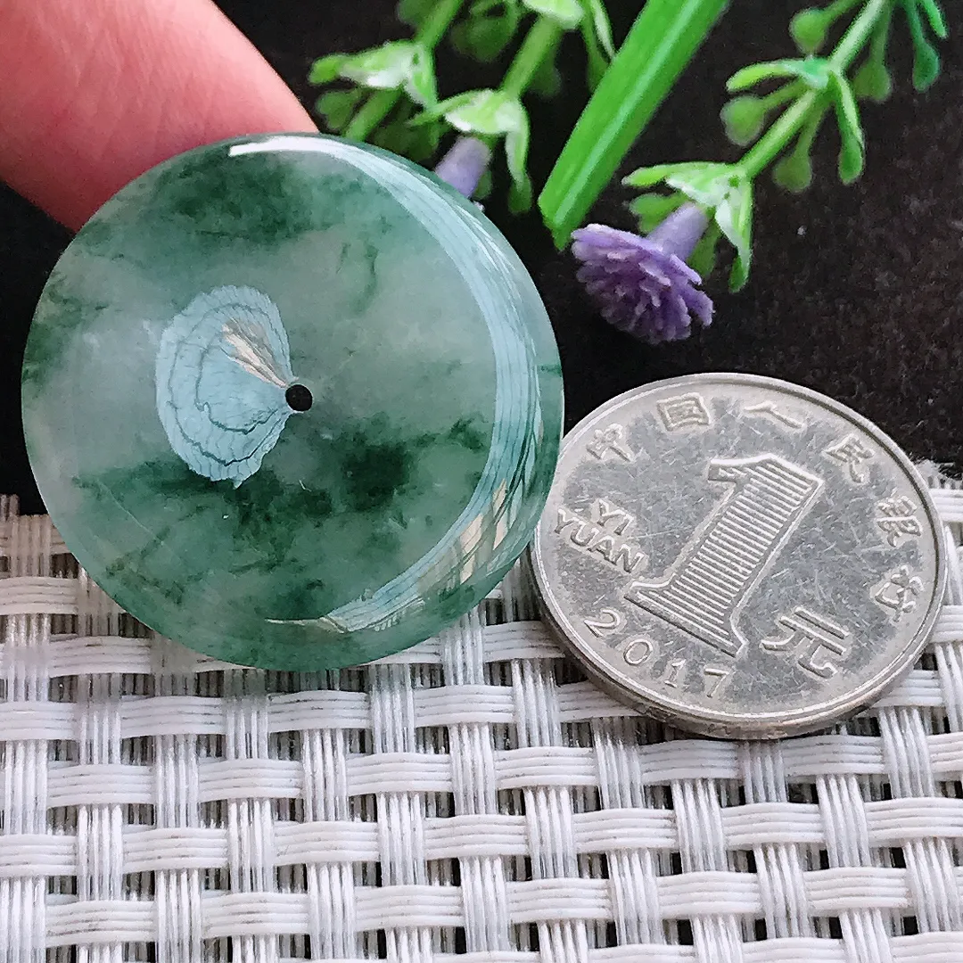 天然A货翡翠31.4/5.2老坑精美冰润飘花平安扣吊坠翡翠挂件