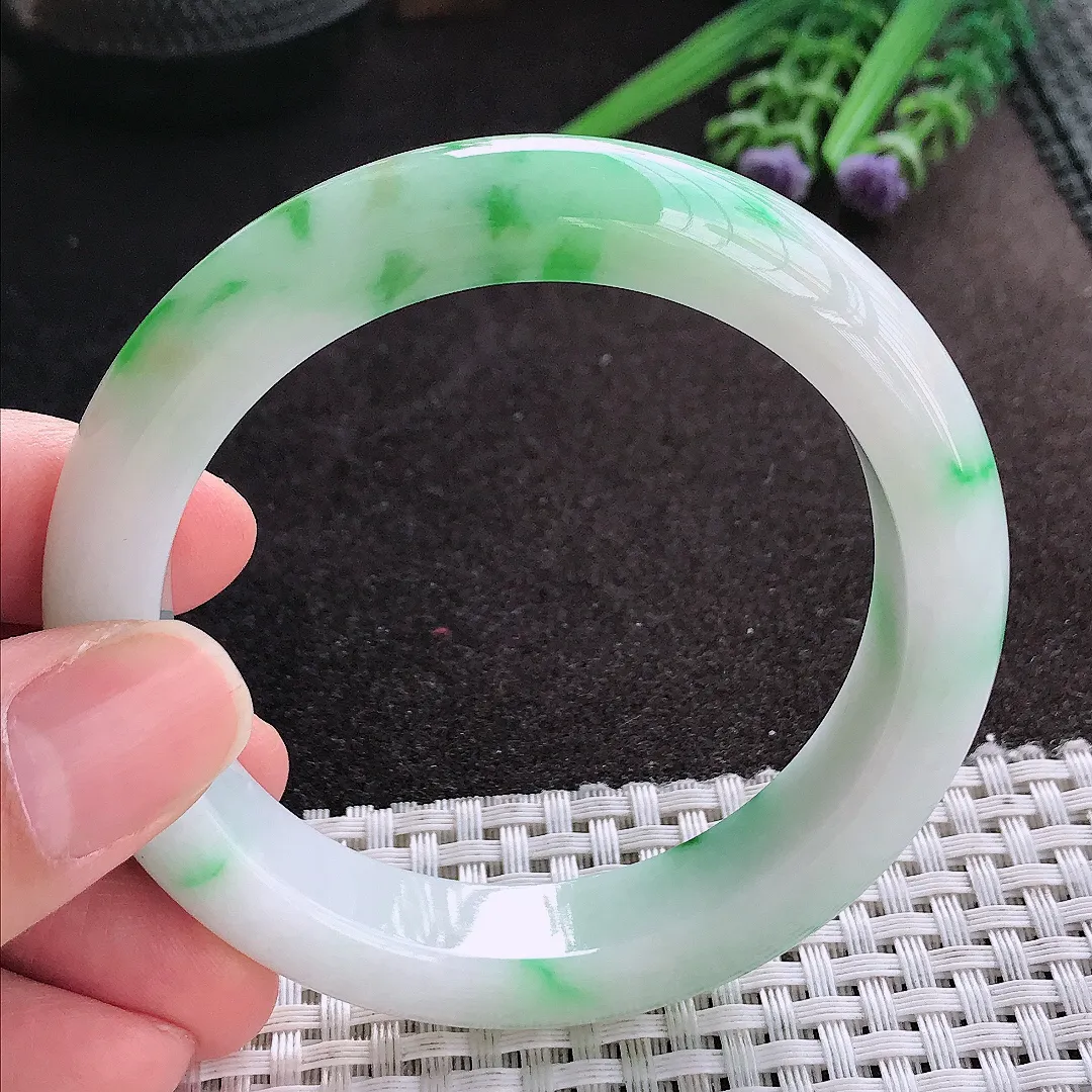 天然A货翡翠56/12.7/9.2老坑精美飘阳绿辣绿手镯宽边玉镯手环