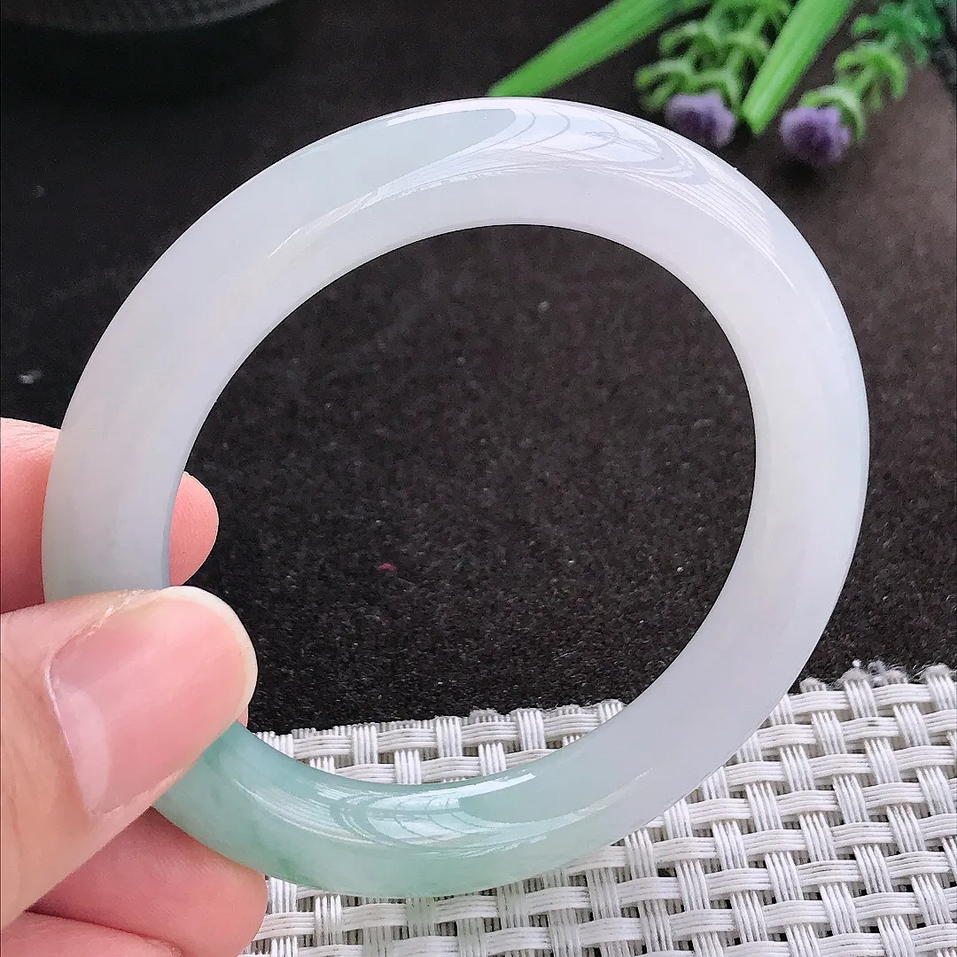 天然A货翡翠53/9.7/9.9老坑冰胶果冻飘花圆条手镯翡翠玉镯手环