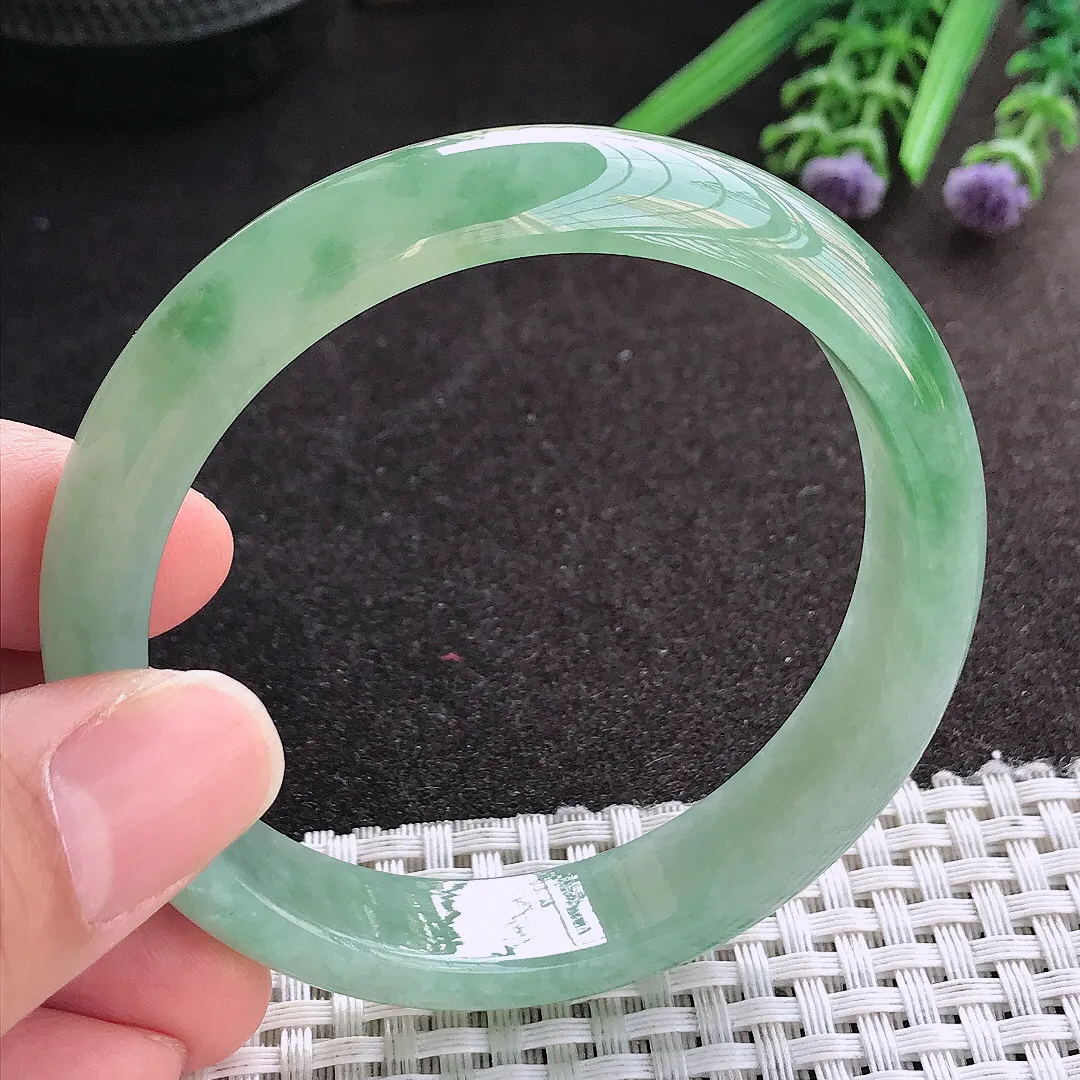 天然A货翡翠57/12.5/7.3老坑冰胶果冻冰晴满绿手镯宽边玉镯手环