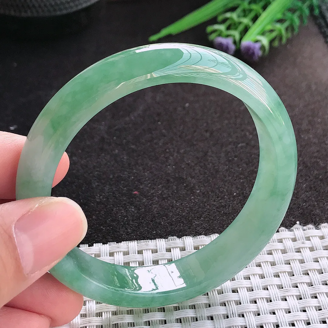 天然A货翡翠56.5/13.2/7.2老坑冰胶果冻满绿手镯宽边玉镯手环