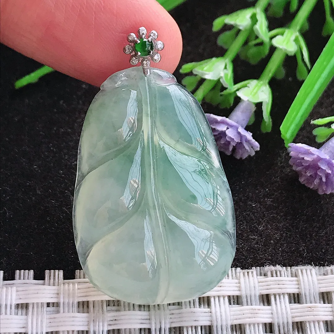 天然A货翡翠32/21.6/7老坑18k金镶嵌冰种飘花叶子吊坠翡翠挂件