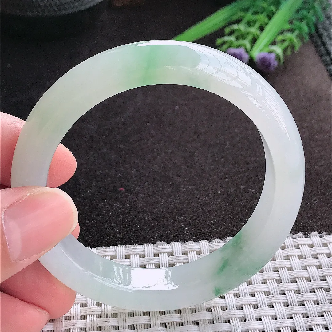 天然A货翡翠54.8/12.1/8.7老坑冰纯果冻胶冰飘花手镯宽边玉镯手环