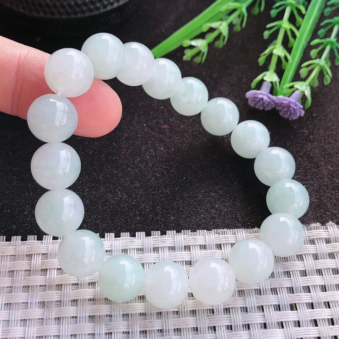 天然A货翡翠11/18颗老坑秀气冰润乳白色圆珠手链玉珠珠串