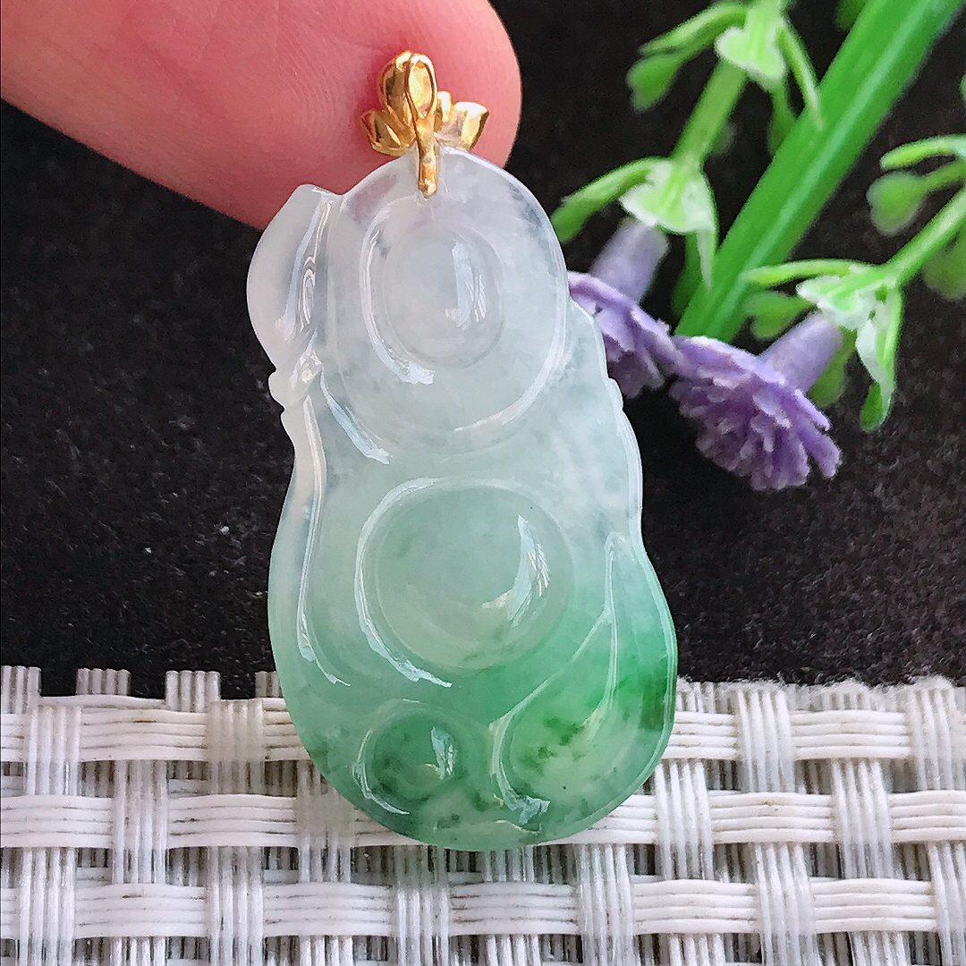 天然A货翡翠31.2/17.8/5.8老坑18k金镶嵌冰阳绿佛公吊坠翡翠布袋佛挂件