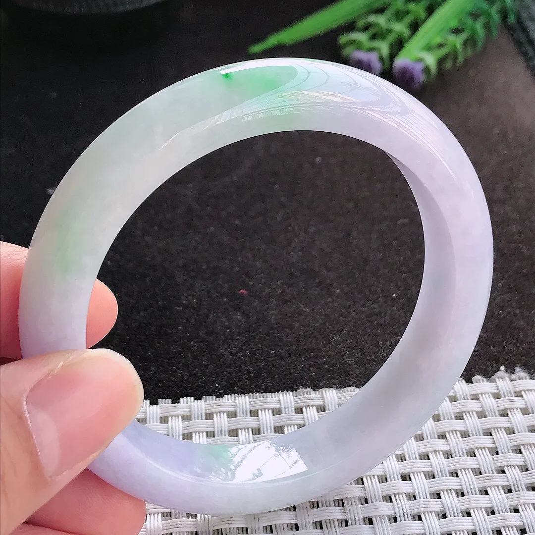 天然A货翡翠58/12/9老坑精美温润春带彩手镯紫罗兰宽边玉镯手环