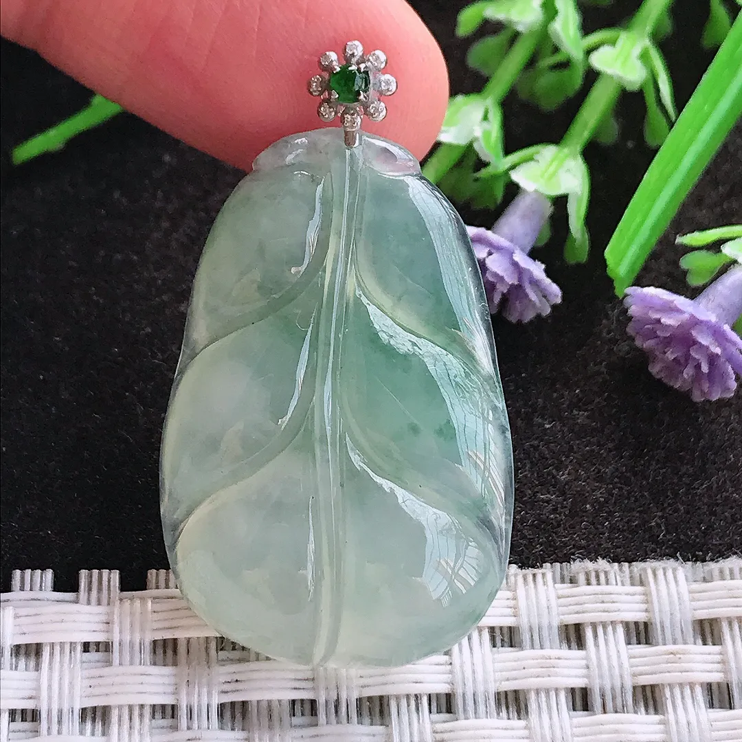 天然A货翡翠32/21.6/7老坑18k金镶嵌冰种飘花叶子吊坠翡翠挂件