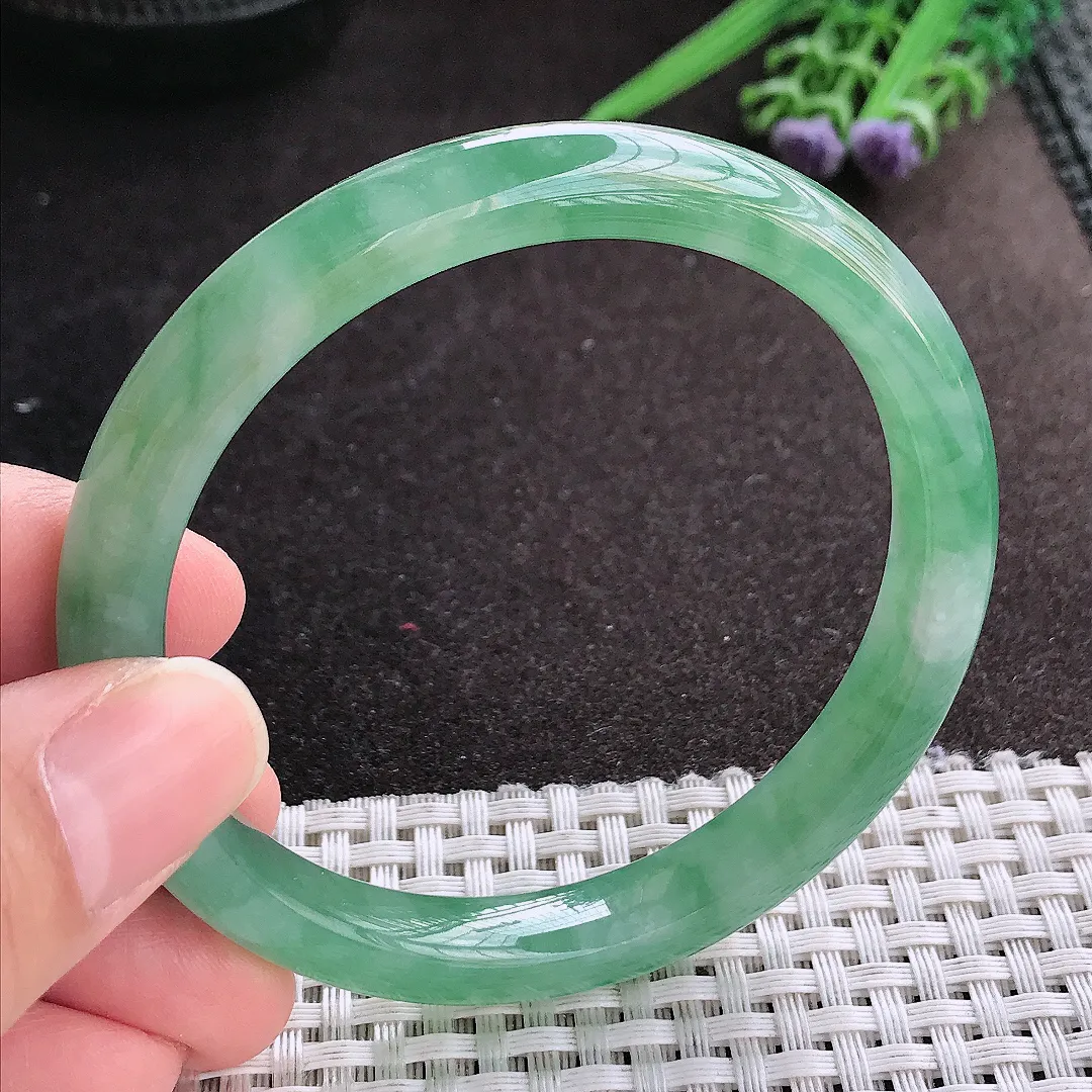 天然A货翡翠59/9.3/7.8老坑冰胶水灵冰晴满绿手镯宽边玉镯手环