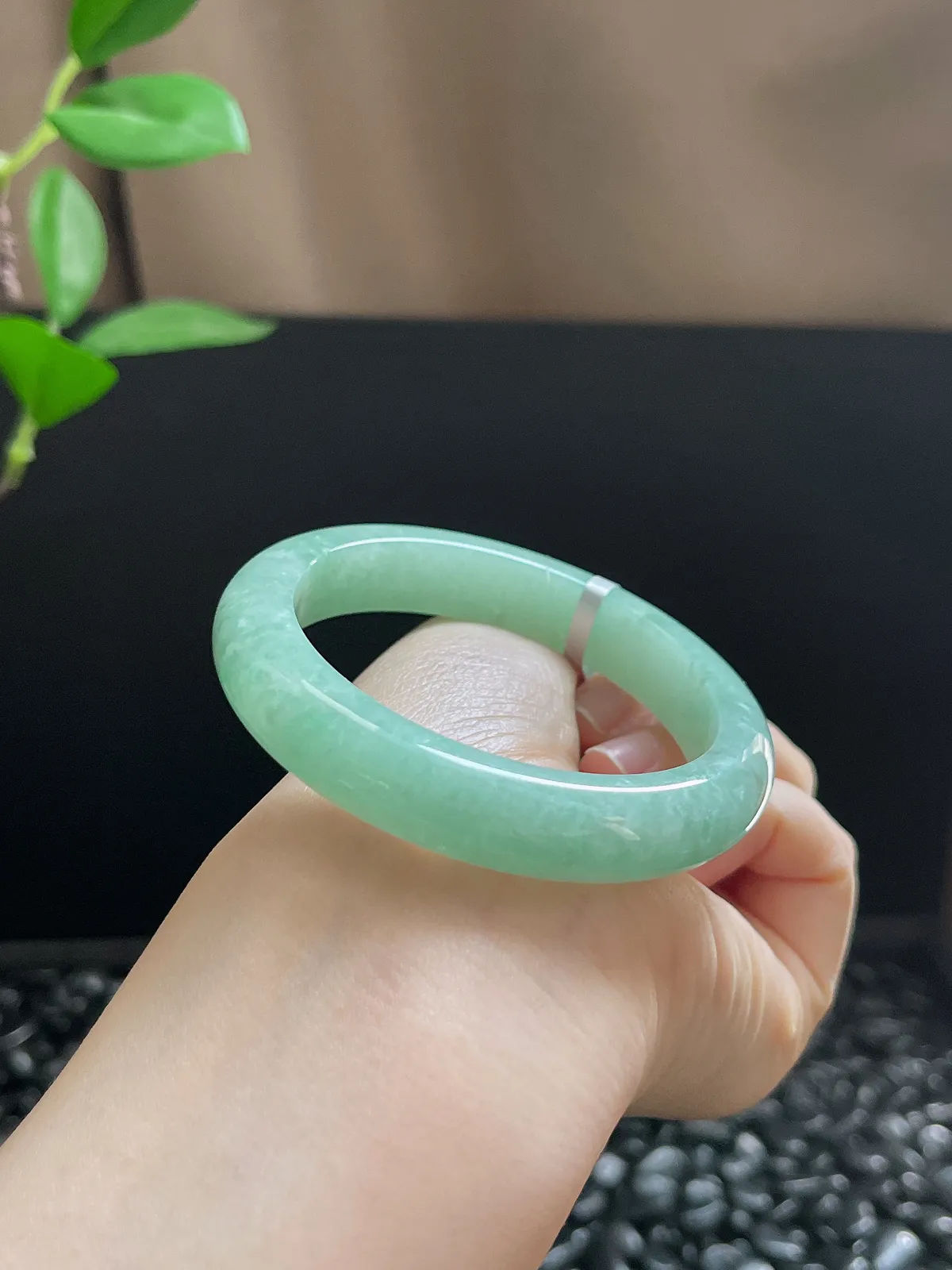 正圈53.6圈口，翡翠糯化种淡绿色手镯
