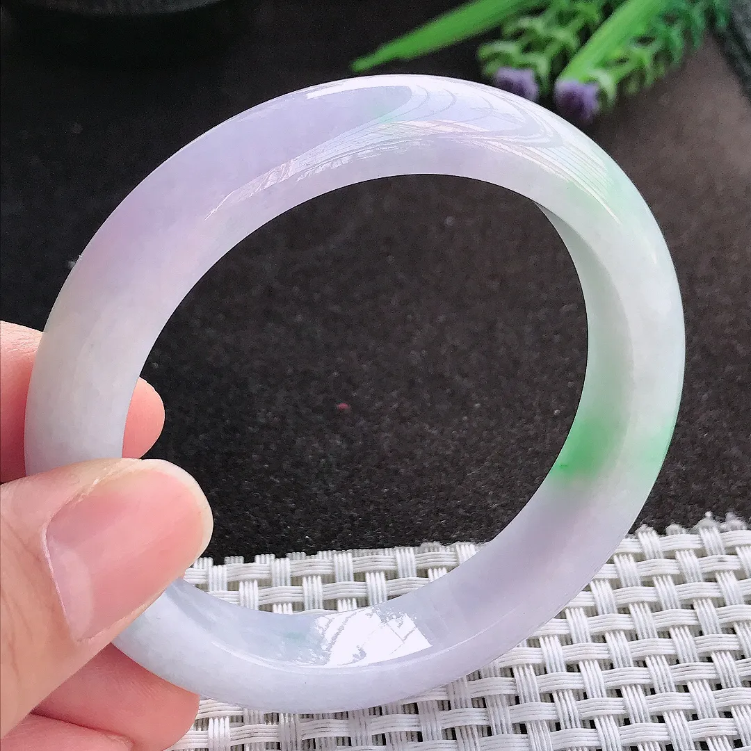 天然A货翡翠58/12/9老坑精美温润春带彩手镯紫罗兰宽边玉镯手环