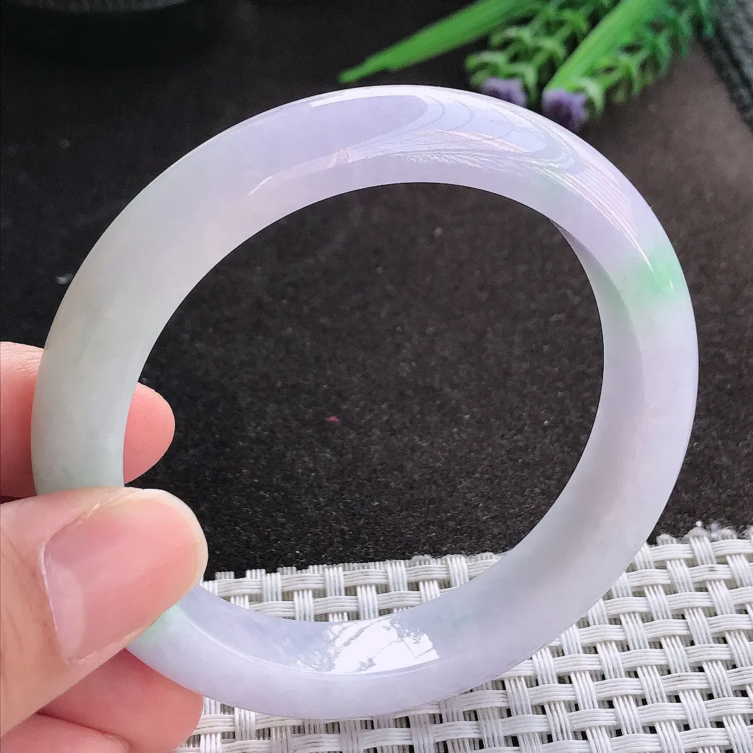 天然A货翡翠58/12/9老坑精美温润春带彩手镯紫罗兰宽边玉镯手环