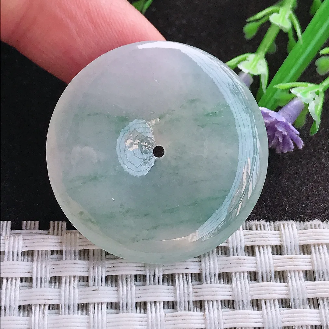 天然A货翡翠32.9/5.2老坑冰胶水灵飘花平安扣吊坠翡翠玉扣挂件